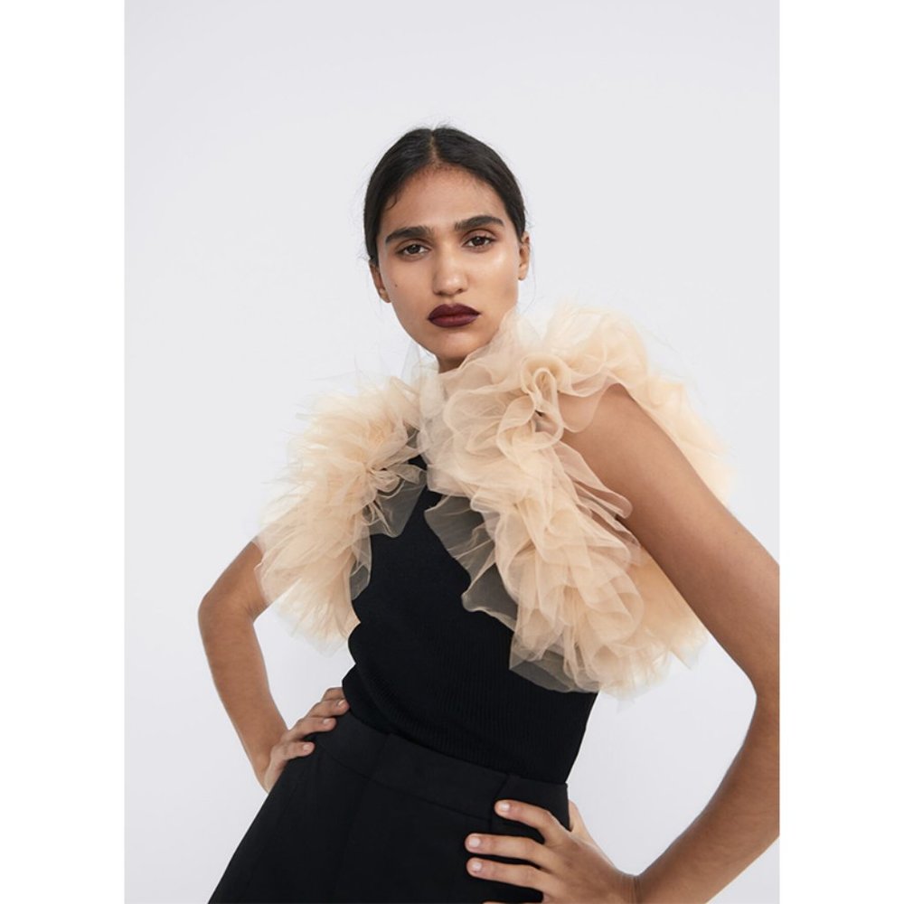 Zara Ribbed Knit Bodysuit With Tulle Trim Sleeves